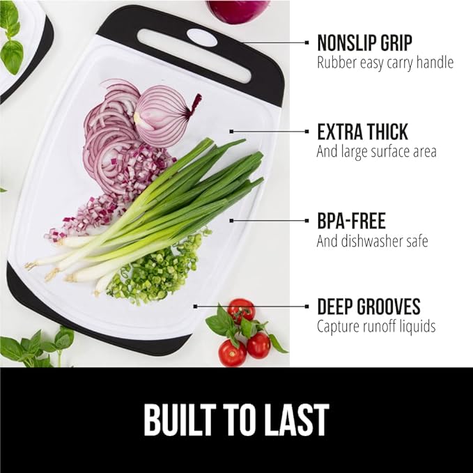 The Original Gorilla Grip Oversized 100% BPA Free Reversible Durable Kitchen Cutting Board Set of 3, Juice Grooves, Dishwasher Safe, Easy Grip Handle Border, Food Chopping Boards, Cooking, Black